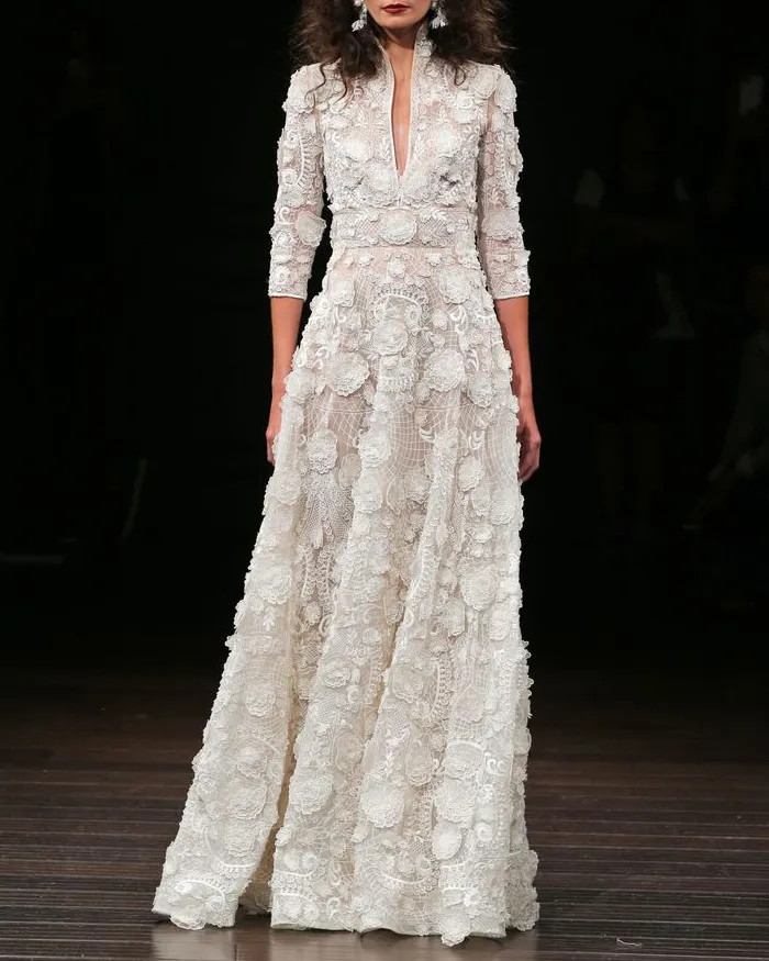 White 3D embroidered lace V-neck maxi dress