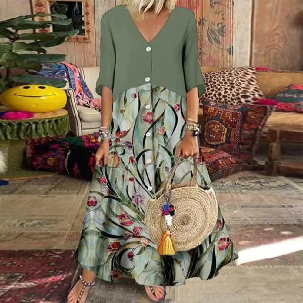 Green 3/4 Sleeve V-Neck Maxi Dress