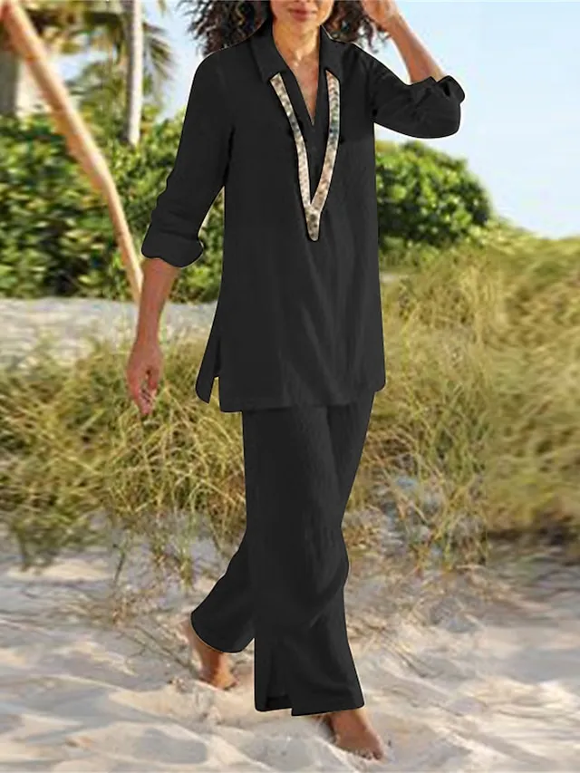 Women's Loungewear Sets Pure Color Basic Casual Comfort Home Daily Vacation Cotton Breathable Lapel Long Sleeve Shirt Pant Summer Spring Black Brown