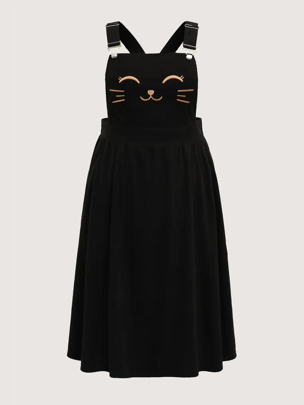 Happy Cat Embroidery Overall Straps Midi Dress