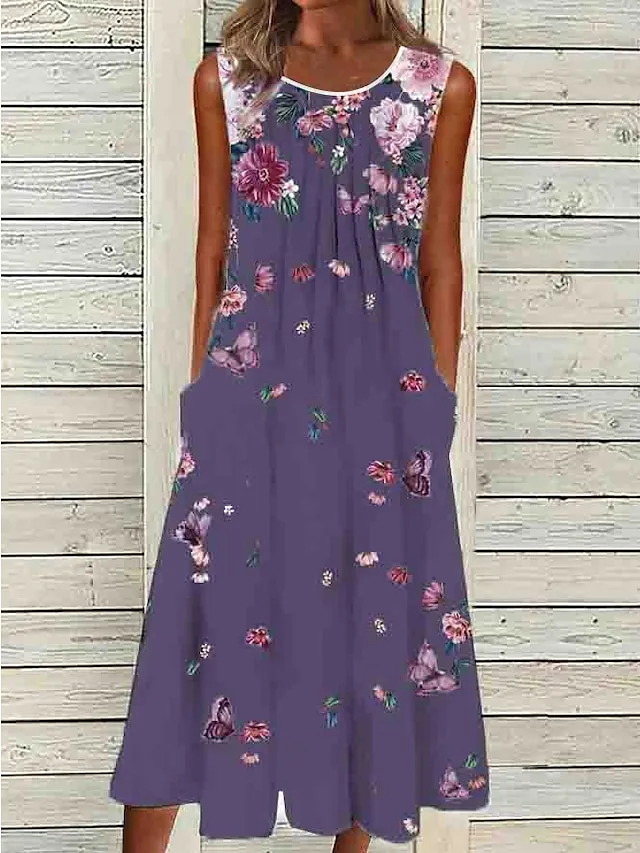 Women's Casual Dress Shift Dress Midi Dress White Green Gray Sleeveless Floral Ruched Summer Spring Crew Neck Basic 2023 S M L XL XXL 3XL