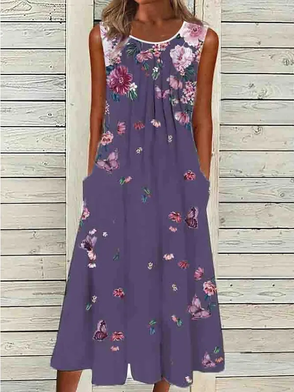 Women's Casual Dress Shift Dress Midi Dress White Green Gray Sleeveless Floral Ruched Summer Spring Crew Neck Basic 2023 S M L XL XXL 3XL