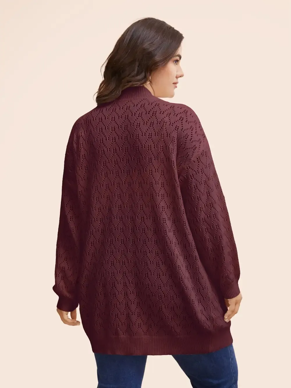 Kimono Collar Patch Pocket Pointelle Knit Cardigan