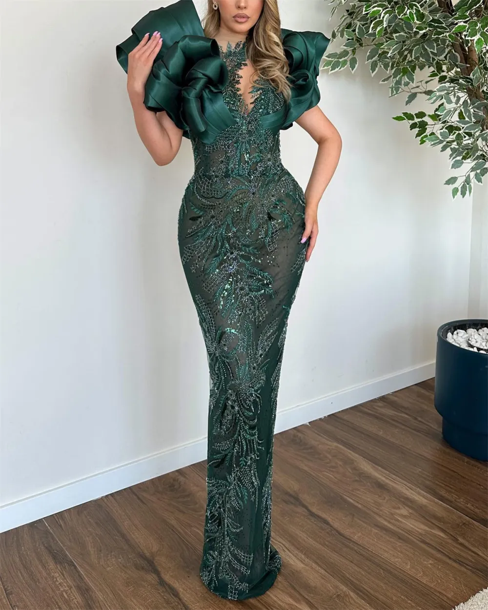 Women's Green Embroidered Sequin Dress