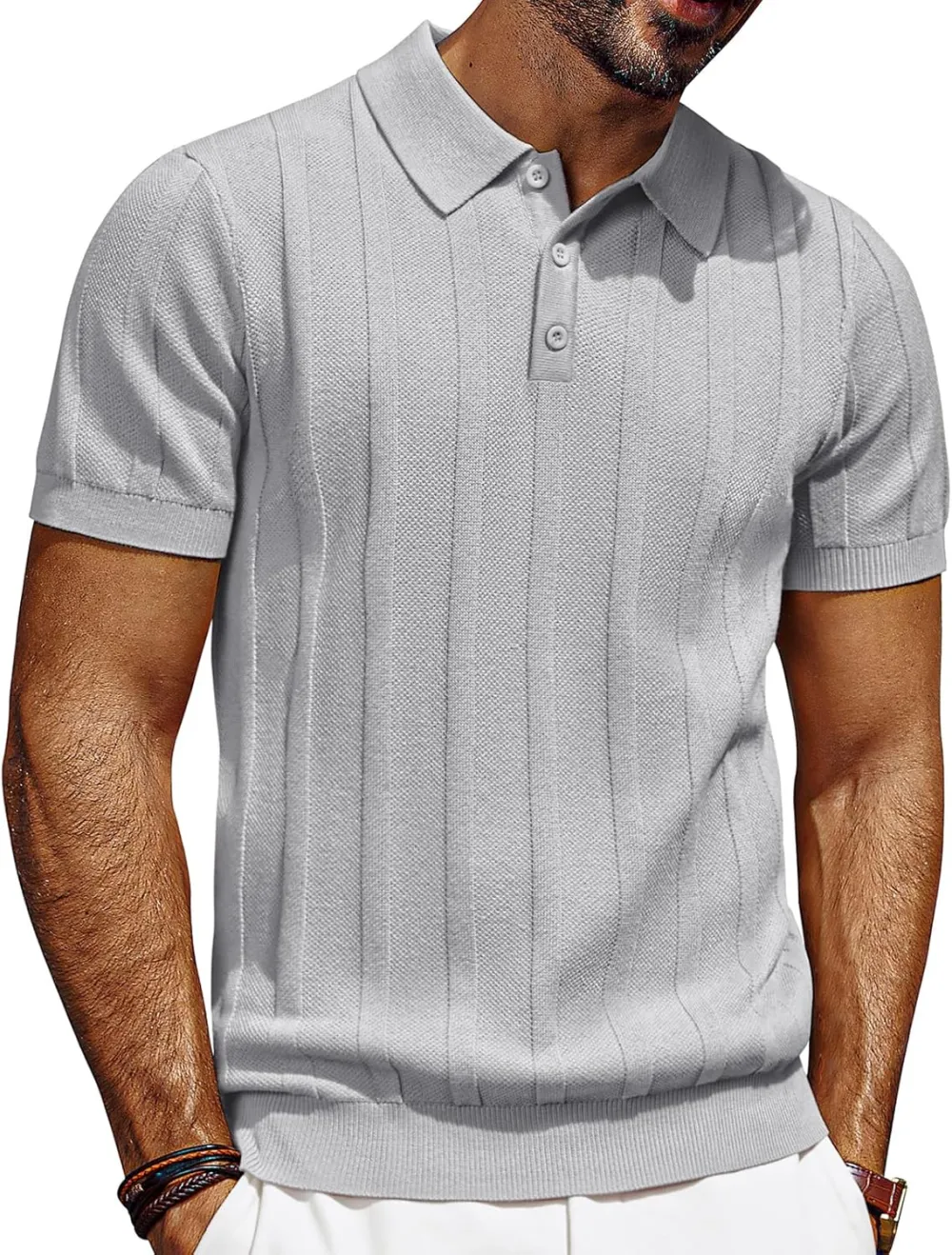 CLEARANCE SALE🔥Mens Polo Shirts Short Sleeve Textured Knit Polo Shirt Ribbed Casual Golf Shirts