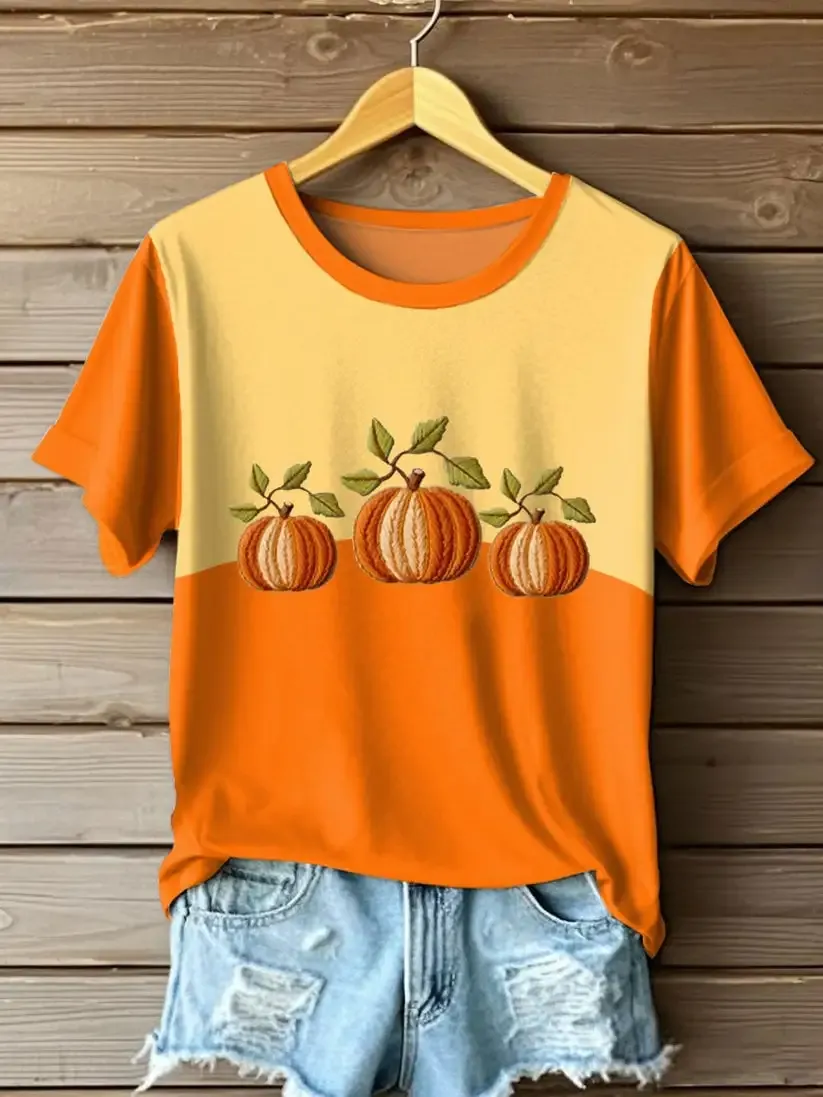 Women's Casual Autumn Pumpkin Contrast Color T-shirt