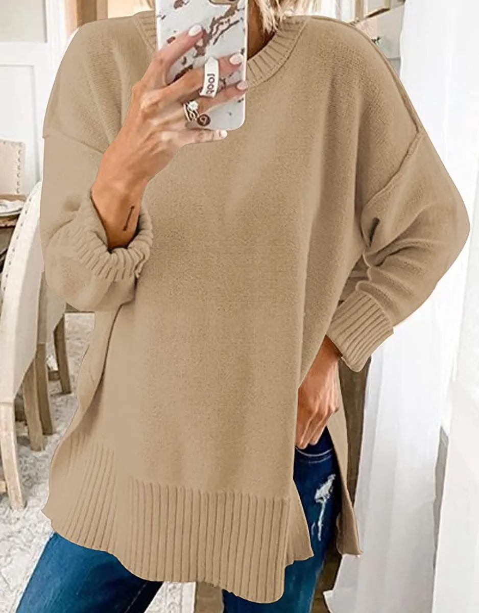 Women With Round Neck Long Sleeves And Slit Sweaters