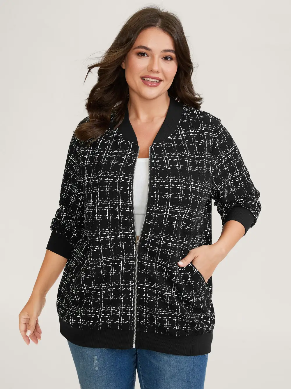 Tweed Color Contrast Zipper Jacket