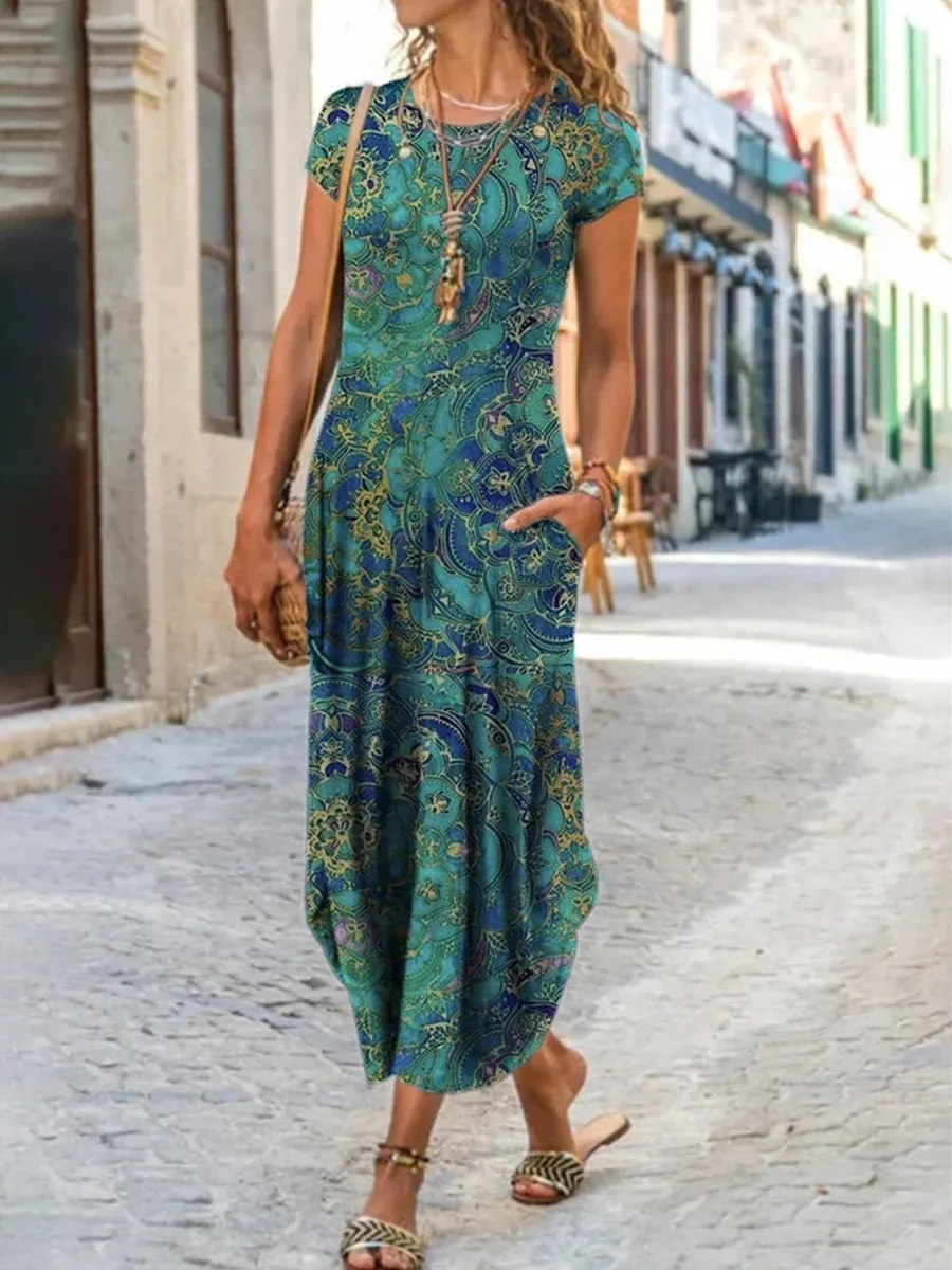 Vintage Print Cotton-Blend Short Sleeve Maxi Dresses