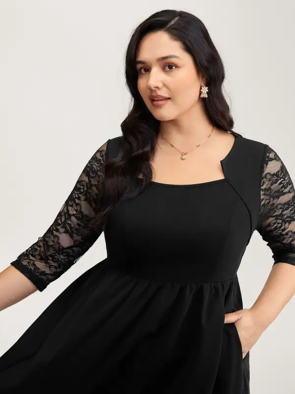 Stretchy Sheer Sleeve Cinched-Waist Midi Dress