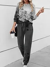 Women's 2 Pieces Sweatshirt Tracksuits Active Daily Tracksuit Pants Sets Joggers Pants Trousers Long Sleeve Round Neck Floral Drawstring Print Outdoor Casual Black Pink Blue