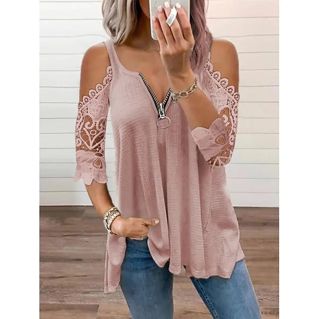 Blouse Women's Black White Solid Color Lace Lace Zipper Home Daily Basic S