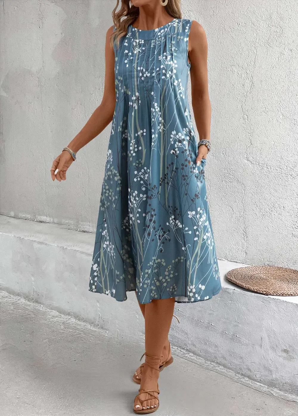 Dusty Blue Plants Print A Line Sleeveless Dress