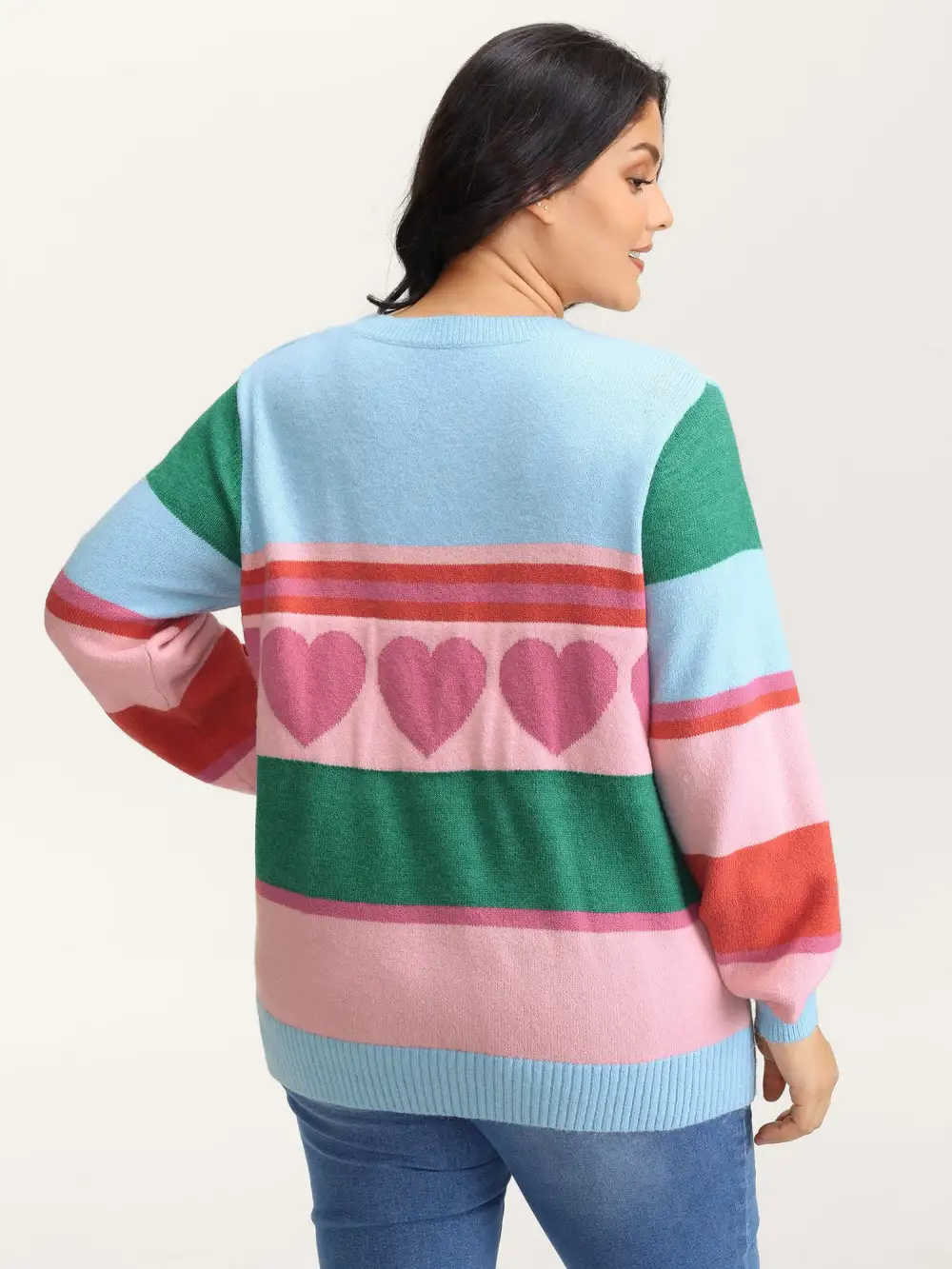 Heart Striped Print Jacquard Colorful Pullover