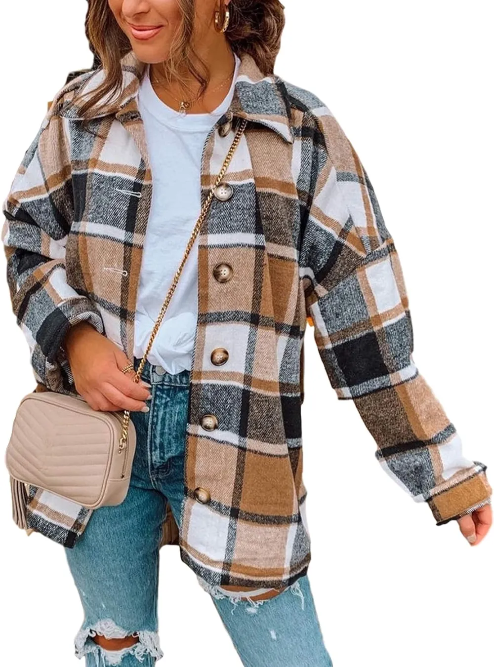 Womens Fall Outfits Fashion Clothes Shackets Flannel Plaid Button Down Long Sleeve Shirts Jackets 2024