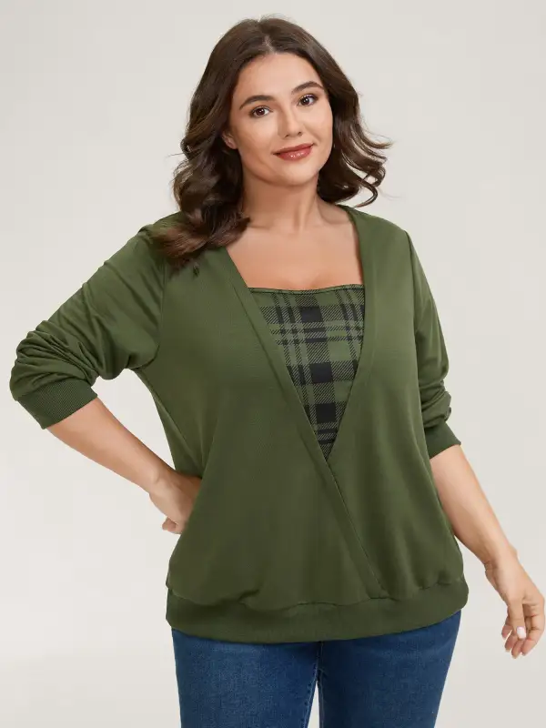 Plaid Spliced Wrap Contrast Sweatshirt