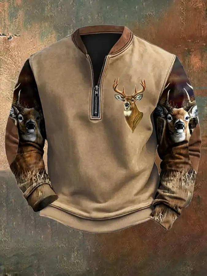 Men's Casual Vintage Camouflage Elk Zip-Up Sweatshirt