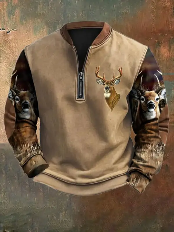 Men's Casual Vintage Camouflage Elk Zip-Up Sweatshirt