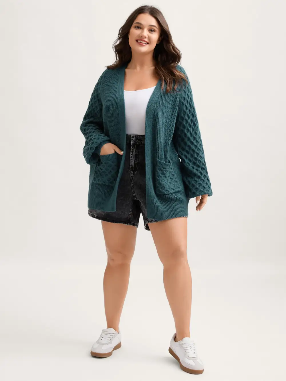 Textured Balloon Sleeve Pockets Knit Cardigan