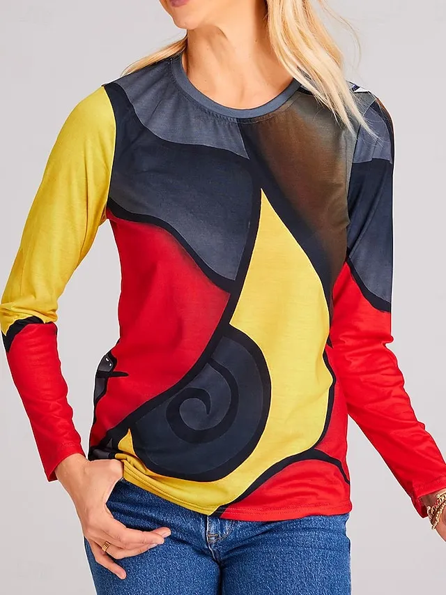 Women's Plus Size T shirt Tee Graphic Geometric Casual Holiday Red Blue Gray Print Long Sleeve Vintage Ethnic Round Neck Fall & Winter