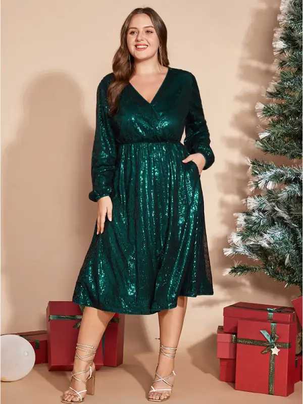 Solid Pocket Lantern Sleeve Wrap Sequin Dress