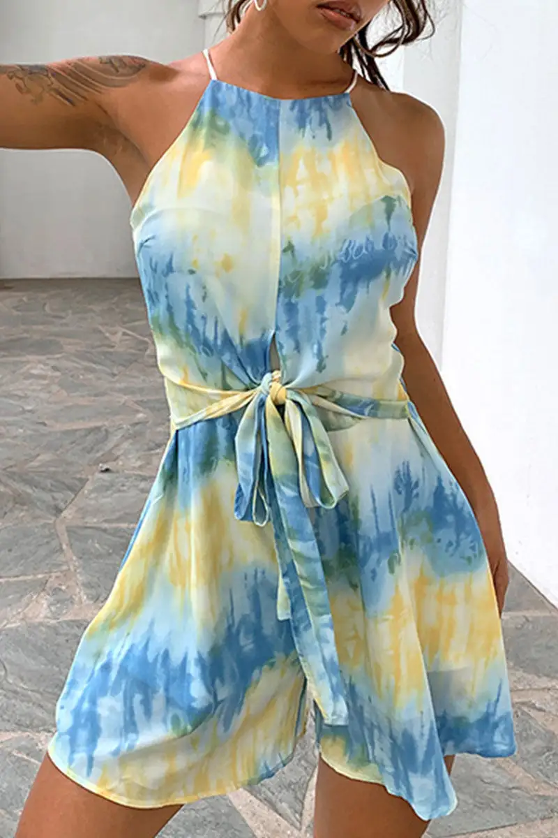 Fashion Street Print Patchwork Halter Loose Jumpsuits