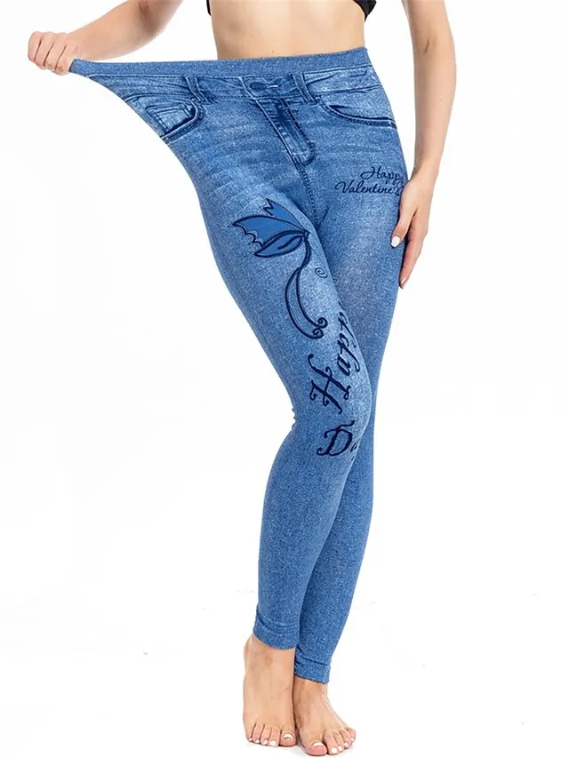 Women's Slim Pants Trousers Leggings Faux Denim Butterfly Pocket Print Full Length High Elasticity High Waist Fashion Streetwear Street Causal Lake Blue Royal Blue S M Summer Fall