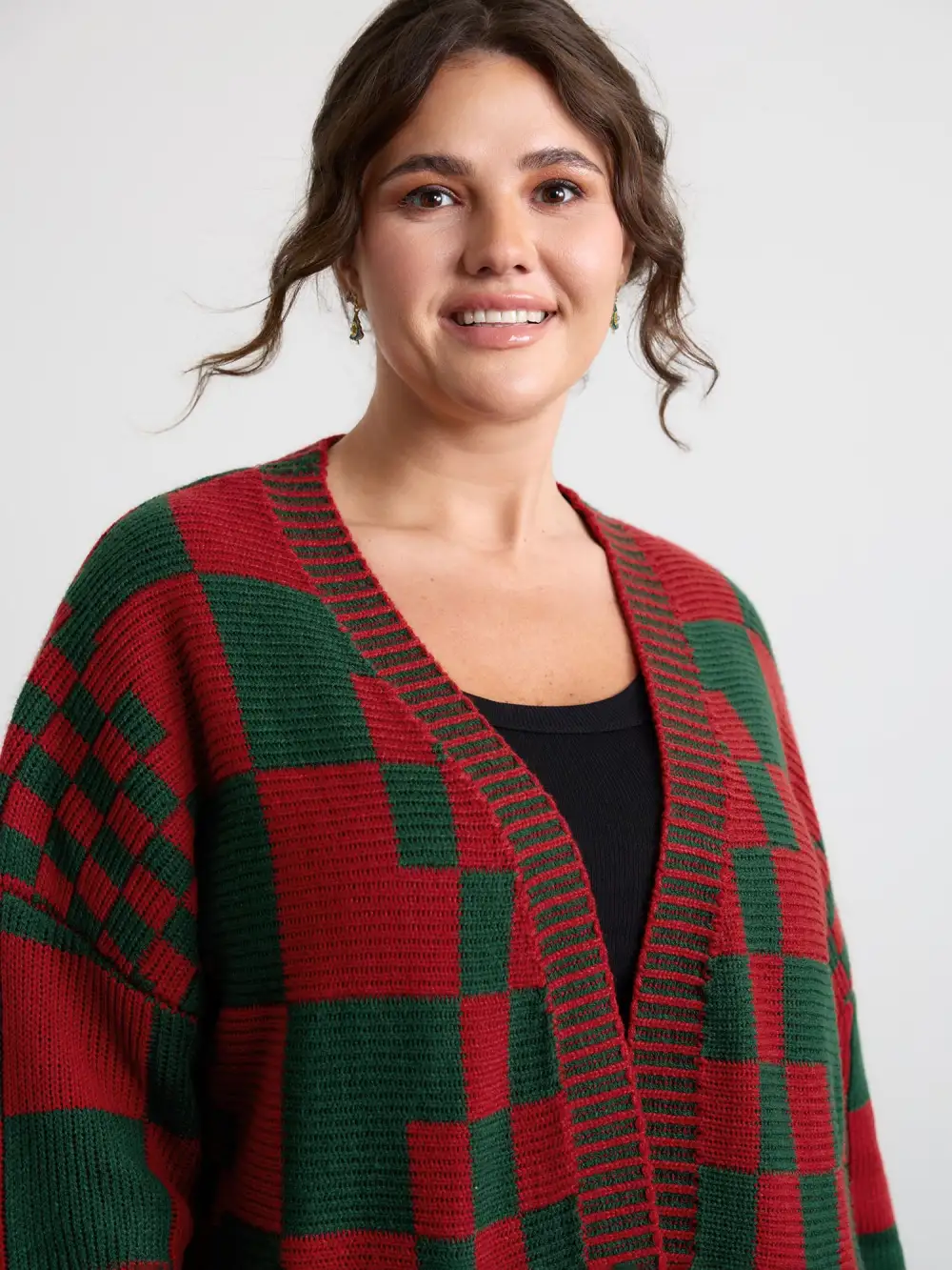 Holiday Checkered Open-Front Knit Cardigan