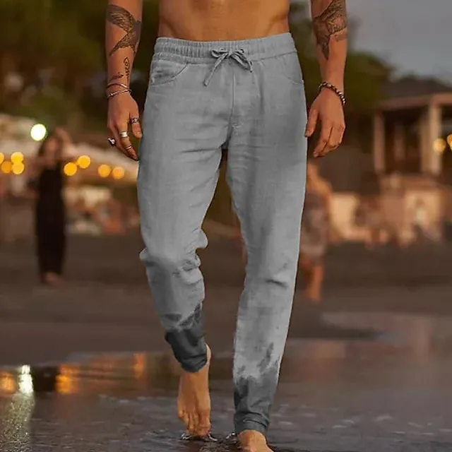 Men's Linen Pants Trousers Summer Pants Beach Pants Pocket Drawstring Elastic Waist Plain Comfort Soft Daily Weekend Linen / Cotton Blend Streetwear Casual Dark Khaki Light Khaki Micro-elastic