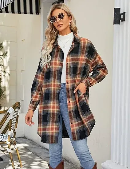 Women's Button Down Flannel Shirts Plaid Shacket Long Sleeve Collared Long Jacket Coats