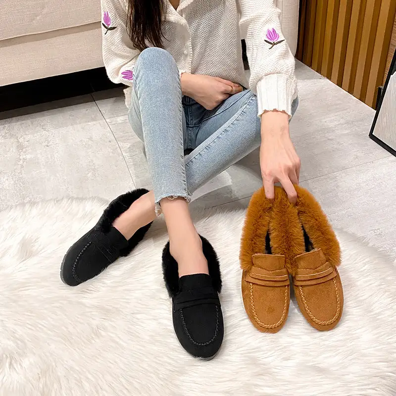 Women's Comfort sofe Furry Outer Wearing Flats Loafers Ankle boots Wild Fluffy Flat Mules Warm Shoes