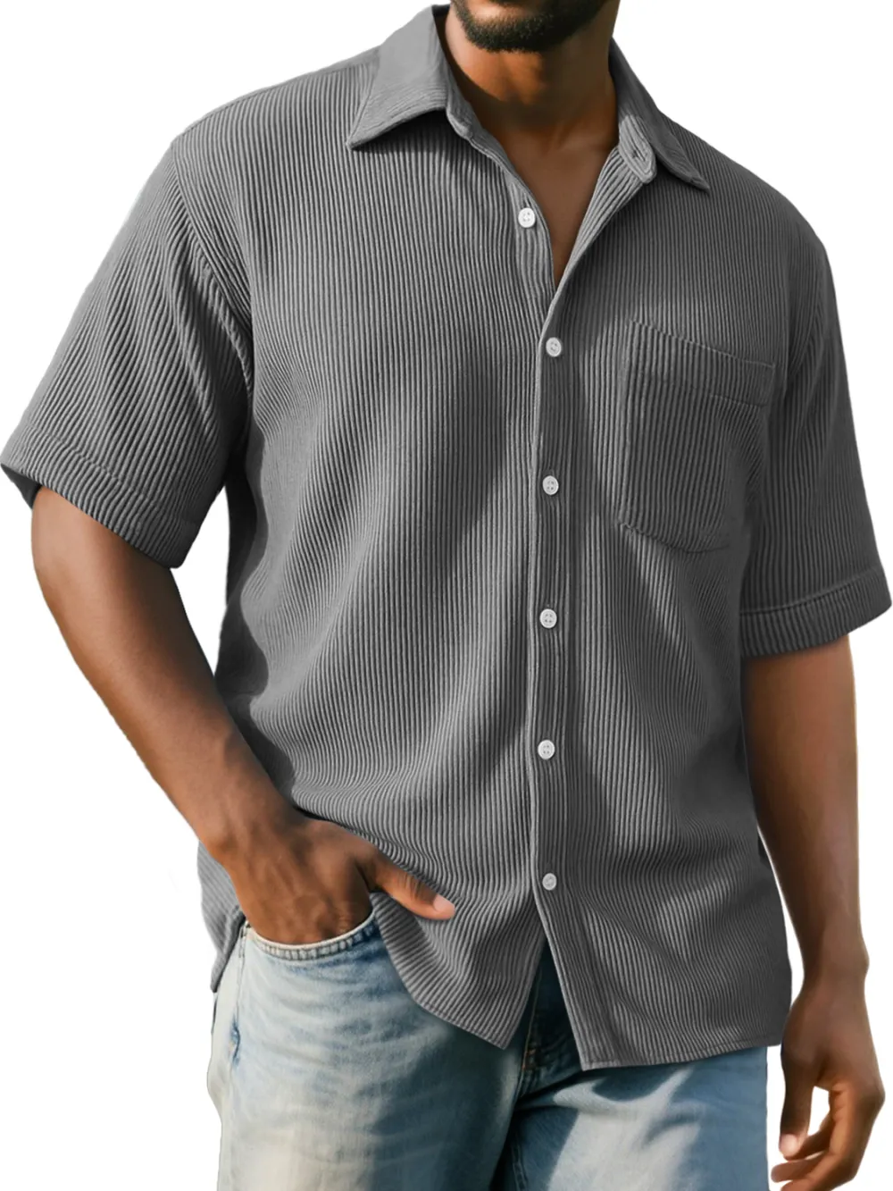 Men's Daily Ribbed Pocket Casual Comfort Solid Color Short Sleeve Shirt