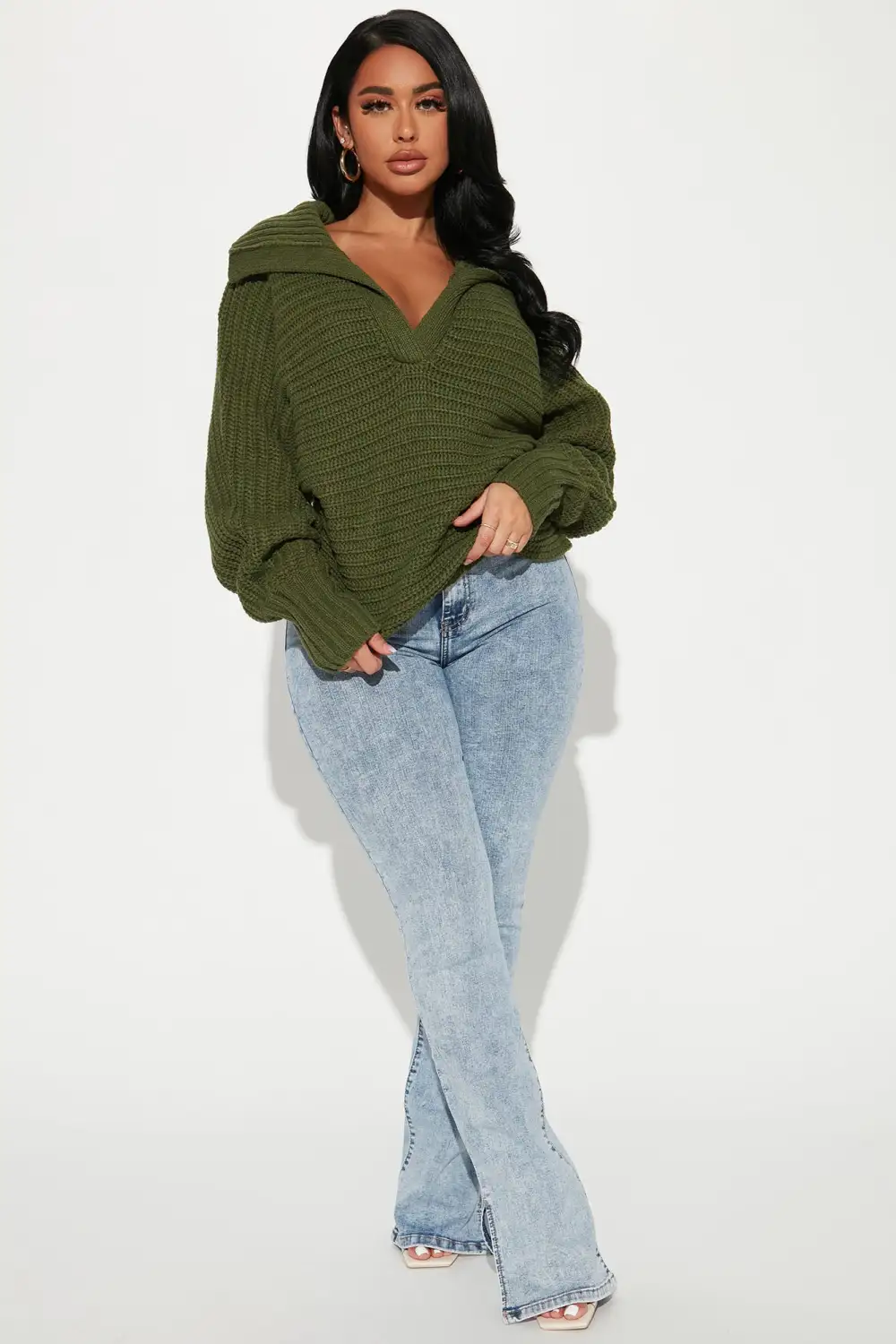 Cozy Rib Knit Collar Sweater - Hunter