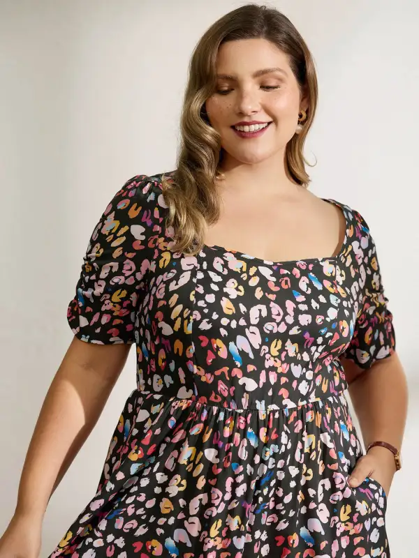 Rayon Leopard Print Drape Sleeve Midi Dress