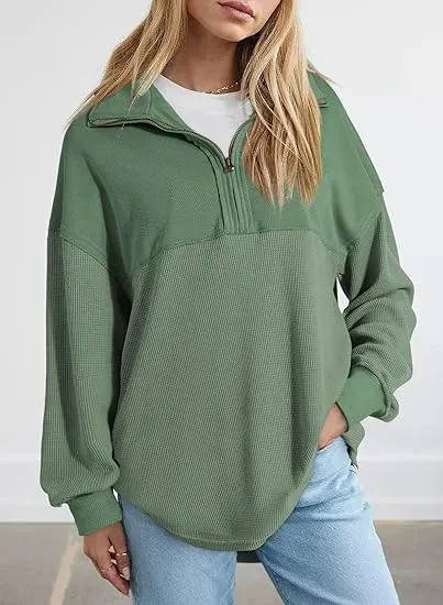 Oversized Waffle Knit Half Zip Pullover Soft Polyester Blend Long Sleeve Sweatshirt
