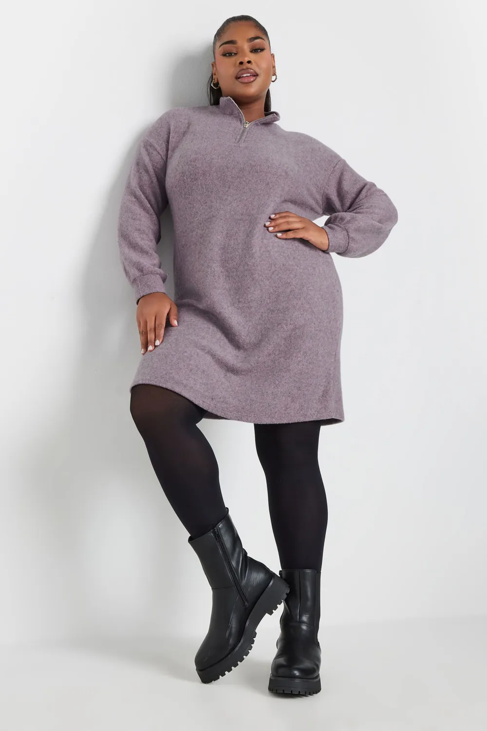 YOURS Curve Purple Zip Neck Soft Touch Jumper Dress