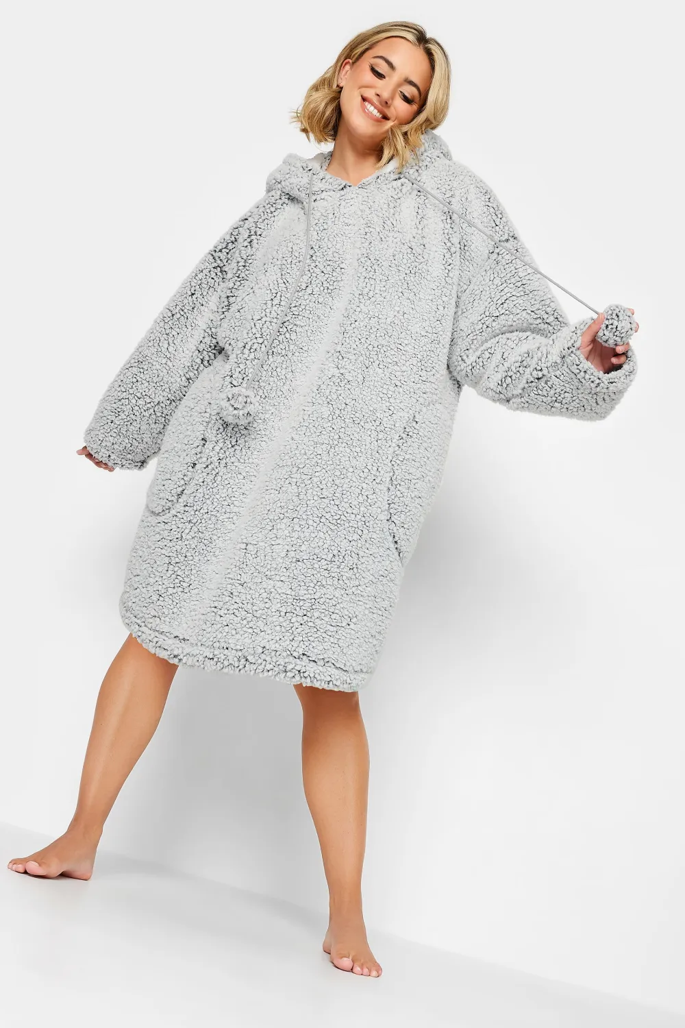 YOURS Curve Light Grey Teddy Drawstring Snuggle Hoodie