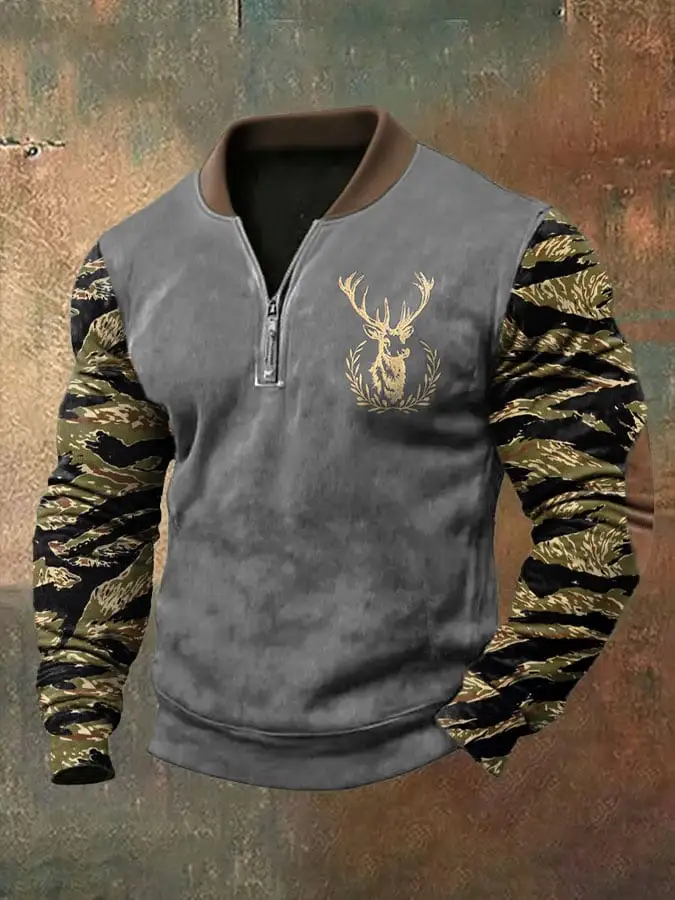 Men's Vintage Western Elk Print Zip-Up Sweatshirt