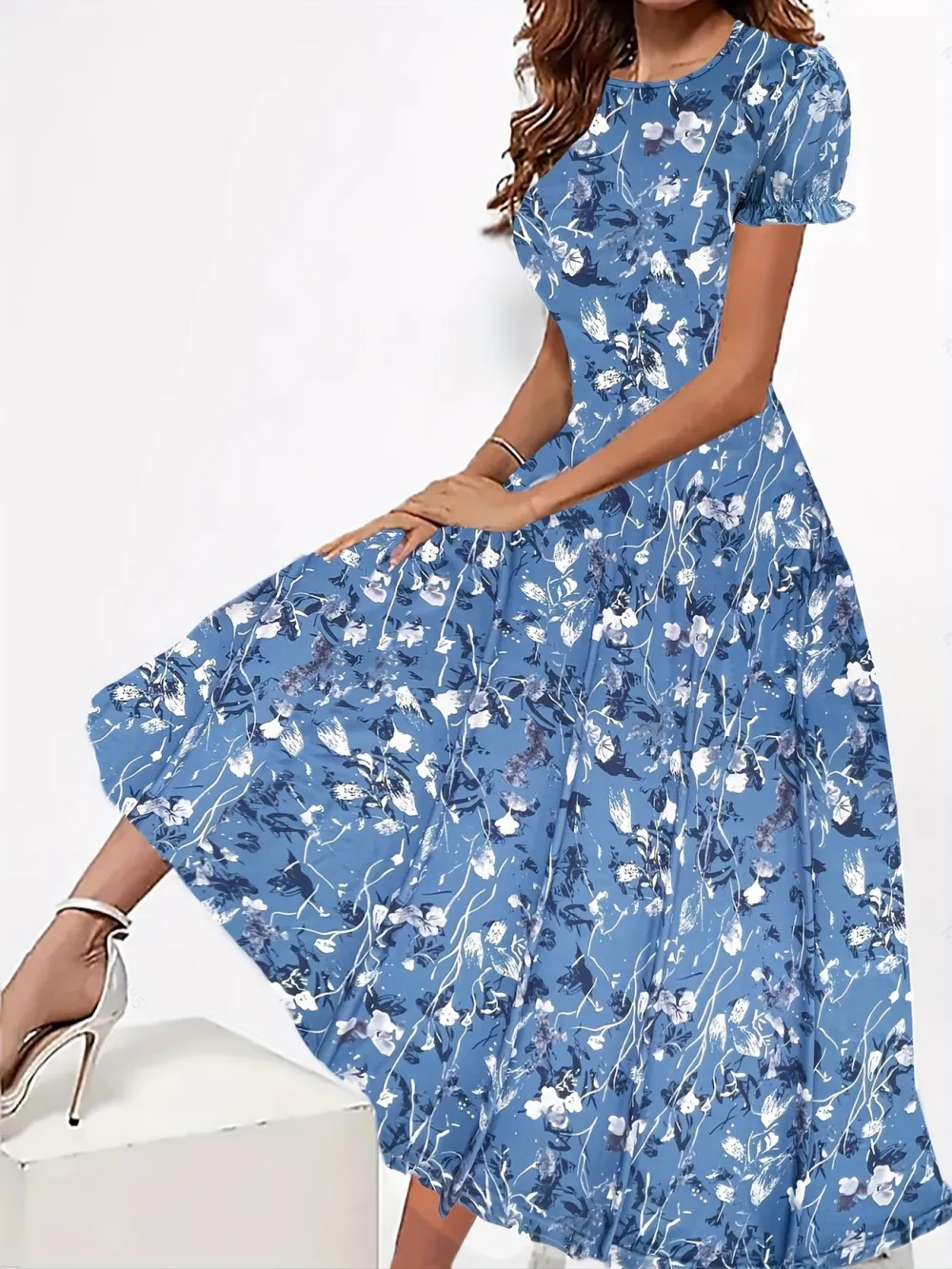 Short Sleeve Floral Print Elegant Crew Neck Dress for Spring & Summer
