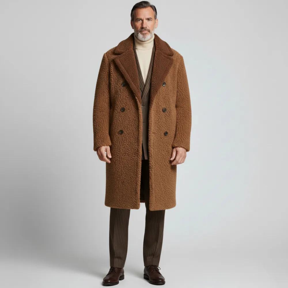 Men's Brown Notched Lapel Double Breasted Long Sleeve Pockcets Plush Overcoat