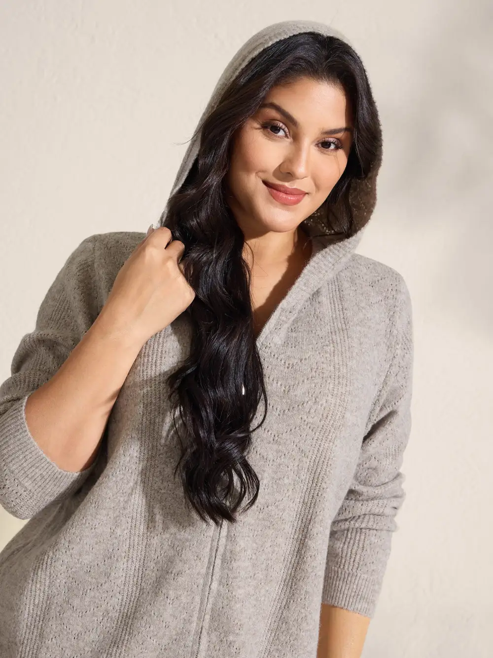 Hooded Zipper-Front Knit Cardigan