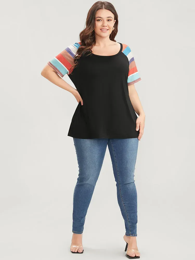 Striped Contrast Raglan Sleeve Round Neck T-shirt