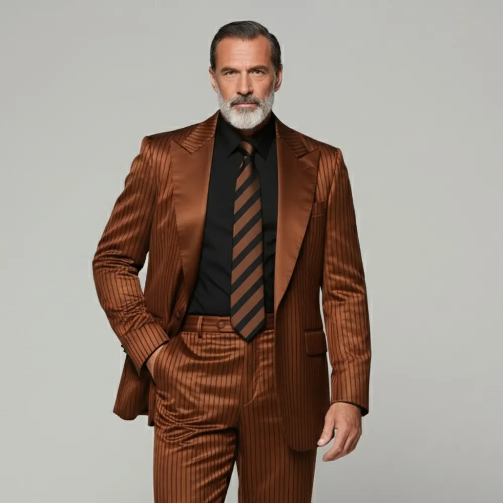 Men's Brown Pinstriped Peaked Lapel One Button Long Sleeve Satin Blazer