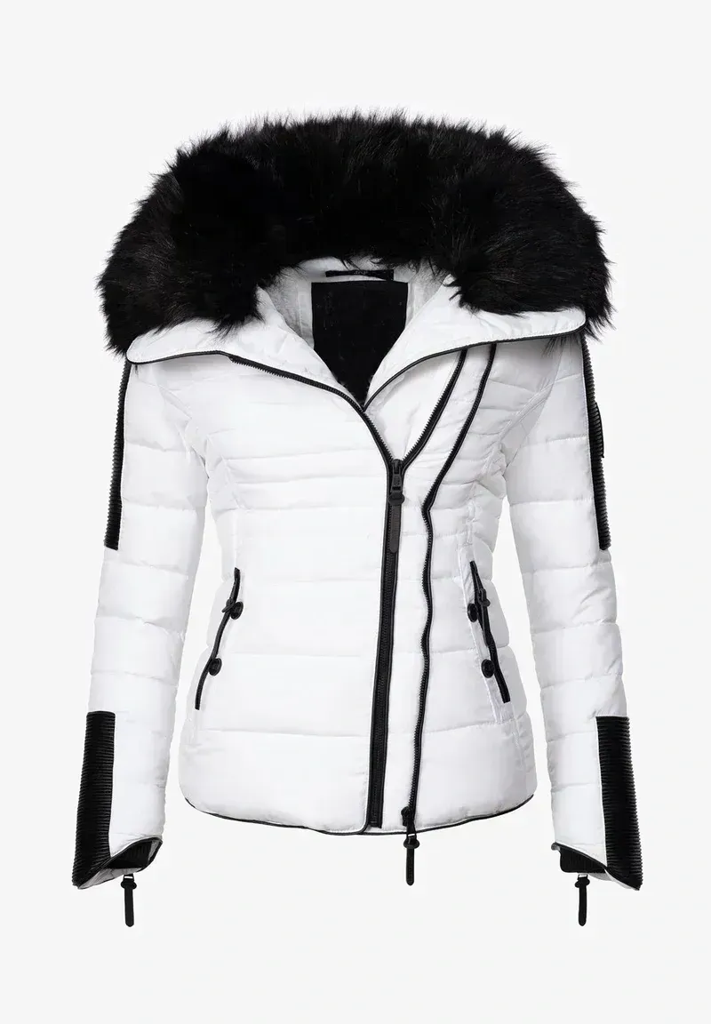 Faux fur hood puffer jacket in white