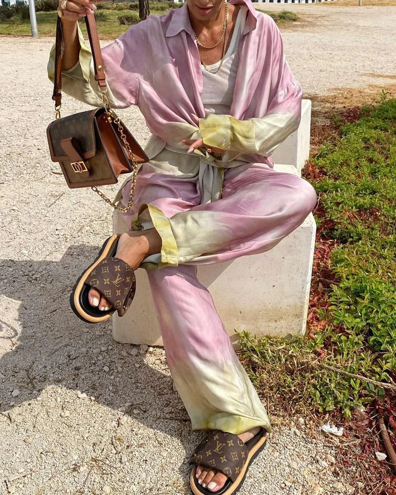 Pink Tie Dye Print Casual Two-Piece Set