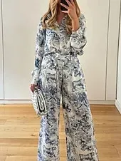 Women's Active Fashion Shirt Blouse Pants Sets Long Sleeve Shirt Collar Floral Print Outdoor Vacation Blue Fall Regular Fit