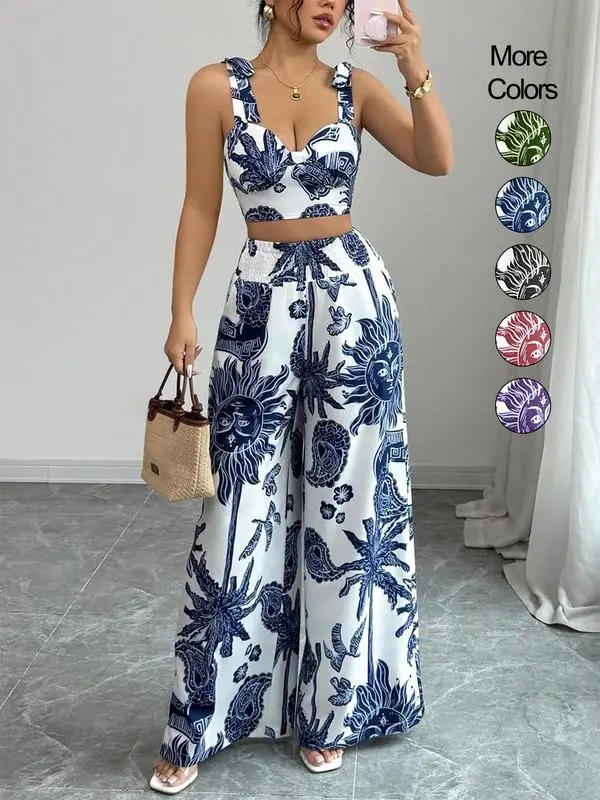 Women's 2-Piece Boho Print Crop Top & Wide Leg Pants Set – Sleeveless Beach Outfit for Summer Vacation