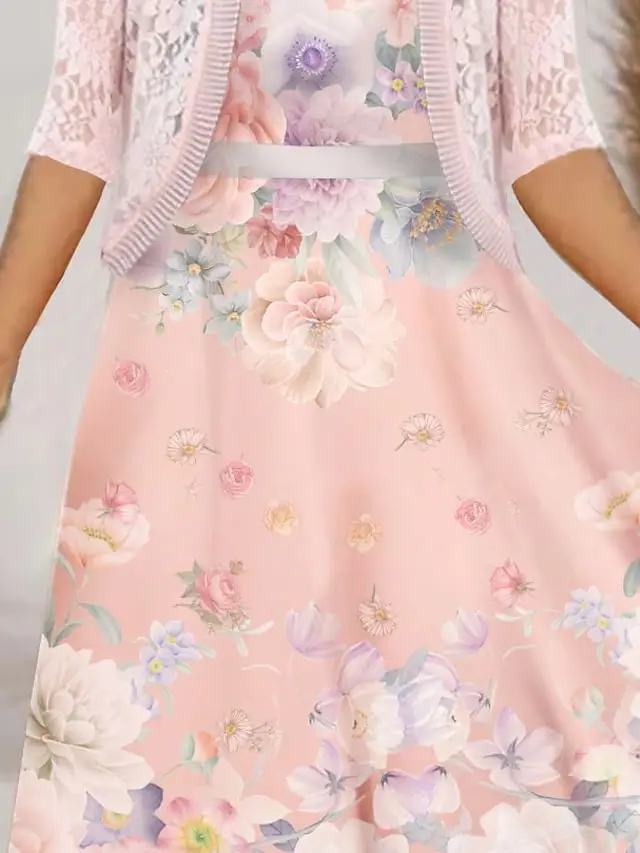 Women's Dress Set Two Piece Dress A Line Dress Midi Dress Pink Half Sleeve Floral Lace Summer Spring Crew Neck Stylish 2023 S M L XL XXL 3XL 4XL 5XL