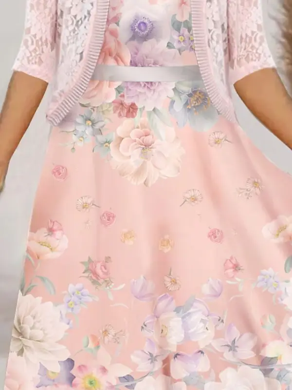 Women's Dress Set Two Piece Dress A Line Dress Midi Dress Pink Half Sleeve Floral Lace Summer Spring Crew Neck Stylish 2023 S M L XL XXL 3XL 4XL 5XL