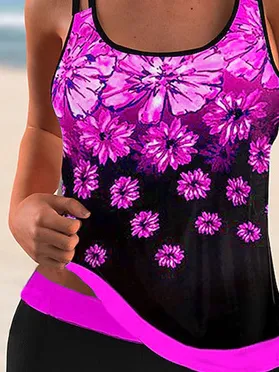 Scoop Neck Vacation Floral Printing Tankini